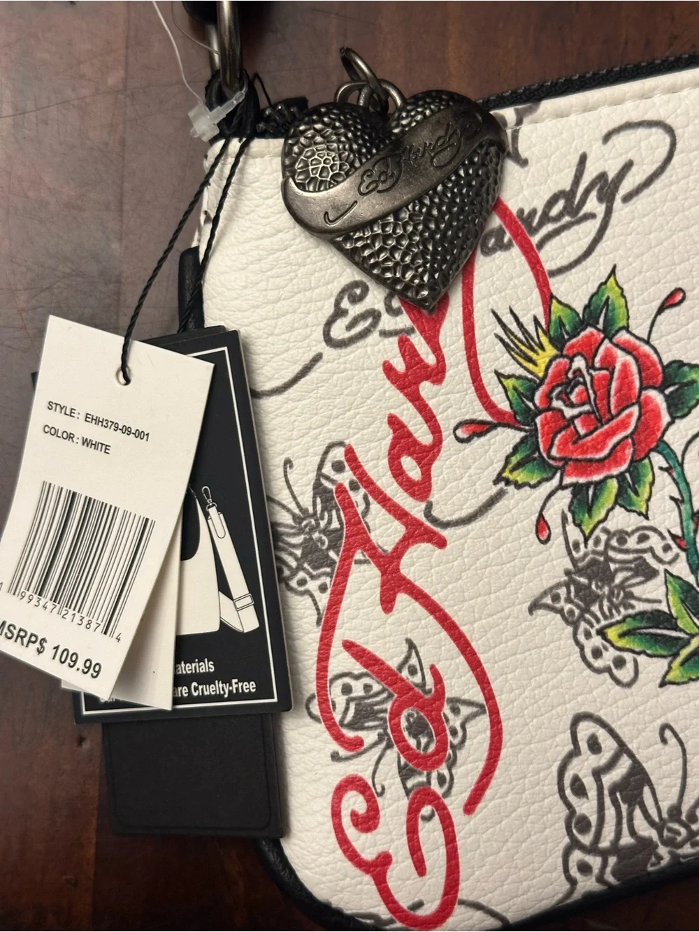❤️NEW🖤 Ed Hardy Love Kills Slowly White Shoulder Bag with Red Rose & Heart Motif